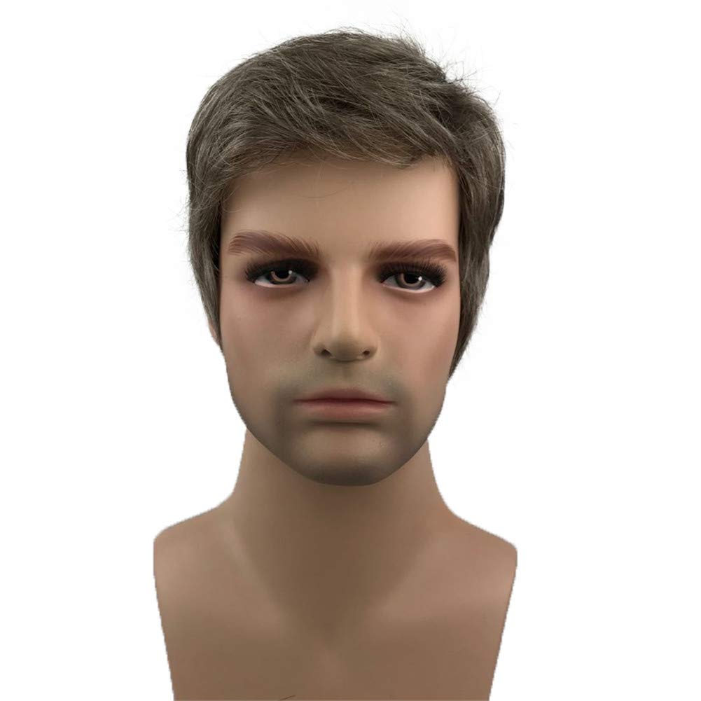Men's Wigs Short Straight Hair Brown mix Sliver Natural Synthetic Full Wig