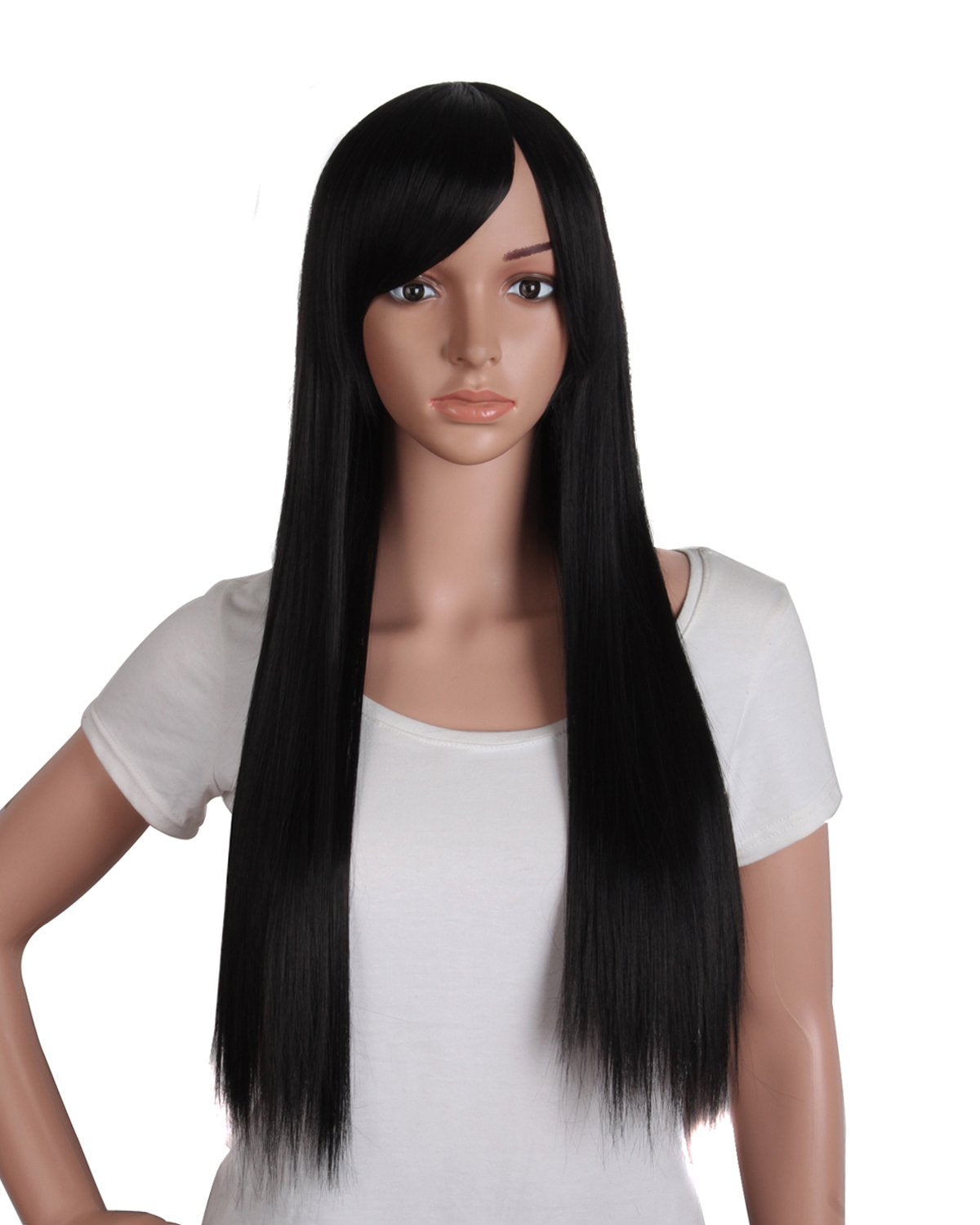 28" / 70cm Beautiful Synthetic Women's Oblique Bangs Long Straight Wig (Black)