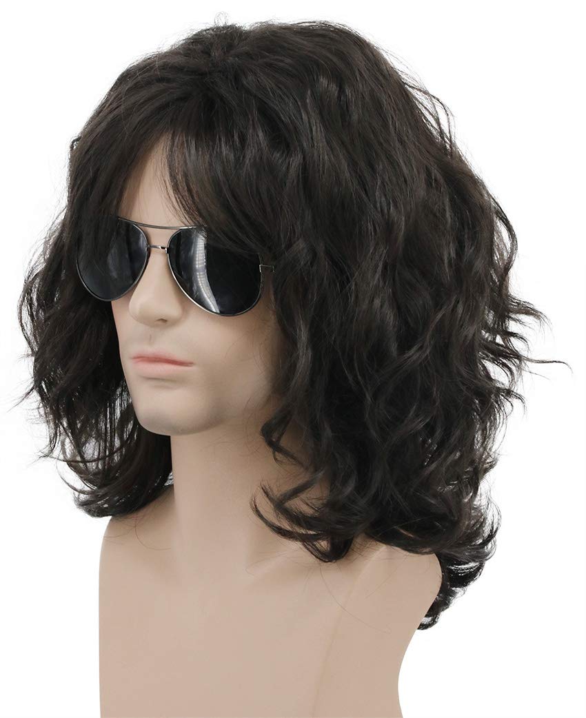 California 70s 80s Rocker Wig Men Women Long Curly Dark Brown Halloween Costume Anime Wig