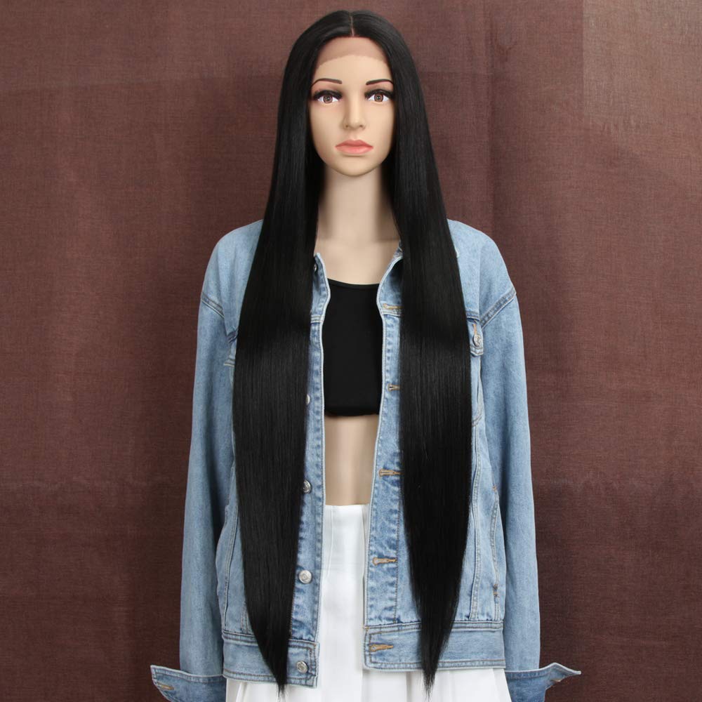 38" Super Long Straight Wigs Lace Front Wigs 6" Deeper Middle Part Wig Black Synthetic Wig (38", 1B)