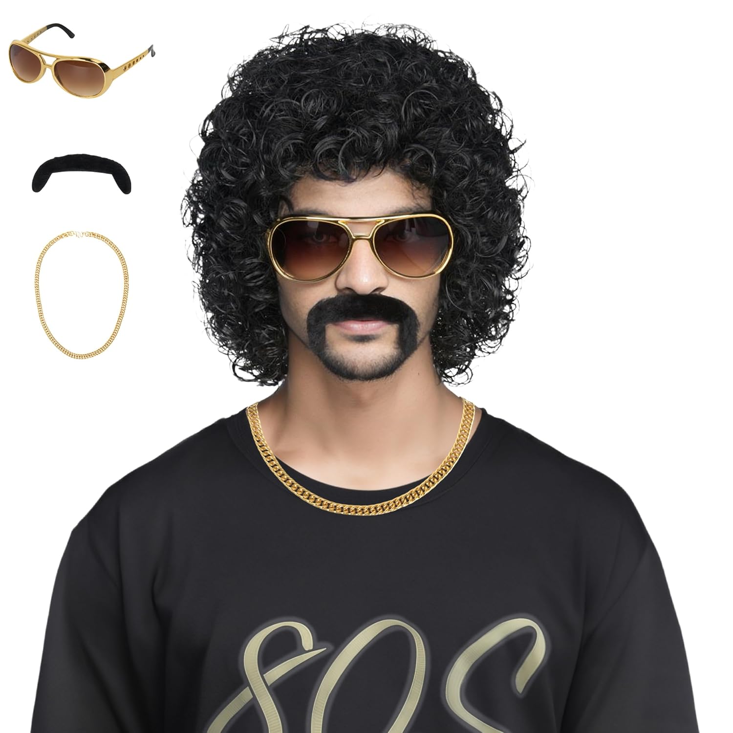 M  Black Jerry Curl Wig with Mustache and Gold Necklace for Men Women 70s 80s Disco Rock Costume Party Wigs