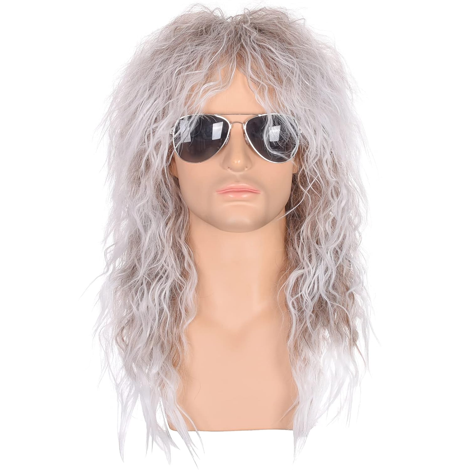 Men’s 80s Style Wigs | Long Curly Silver Gradient Brown Synthetic Hair | Heavy Metal, Glam Rock-Rocker Wig | Perfect for Halloween, Cosplay, DIY Themed Costume Party