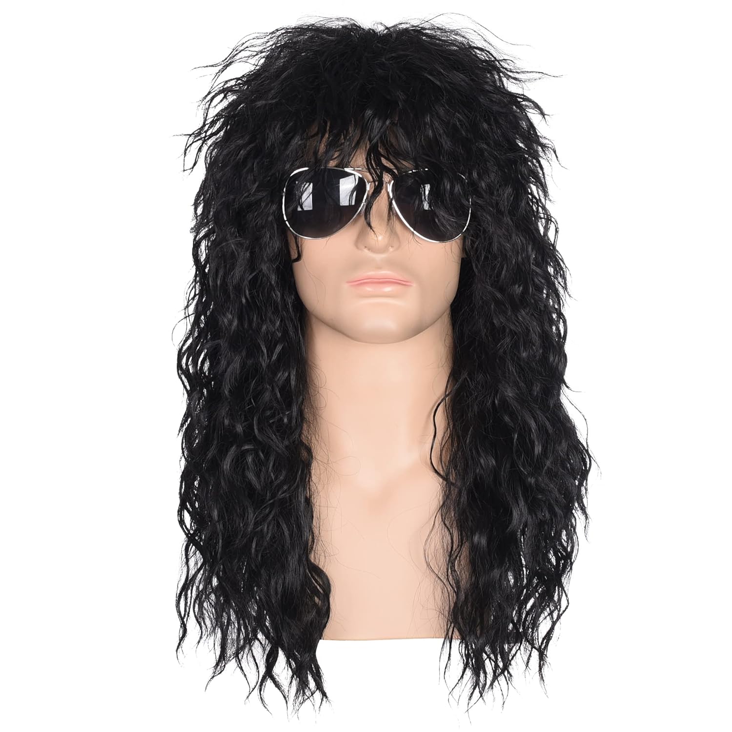 Men’s 80s Style Long Black Curly Hair Wig Glam Rock-Rocker Wig Perfect for Halloween, Cosplay, DIY Themed Costume Party