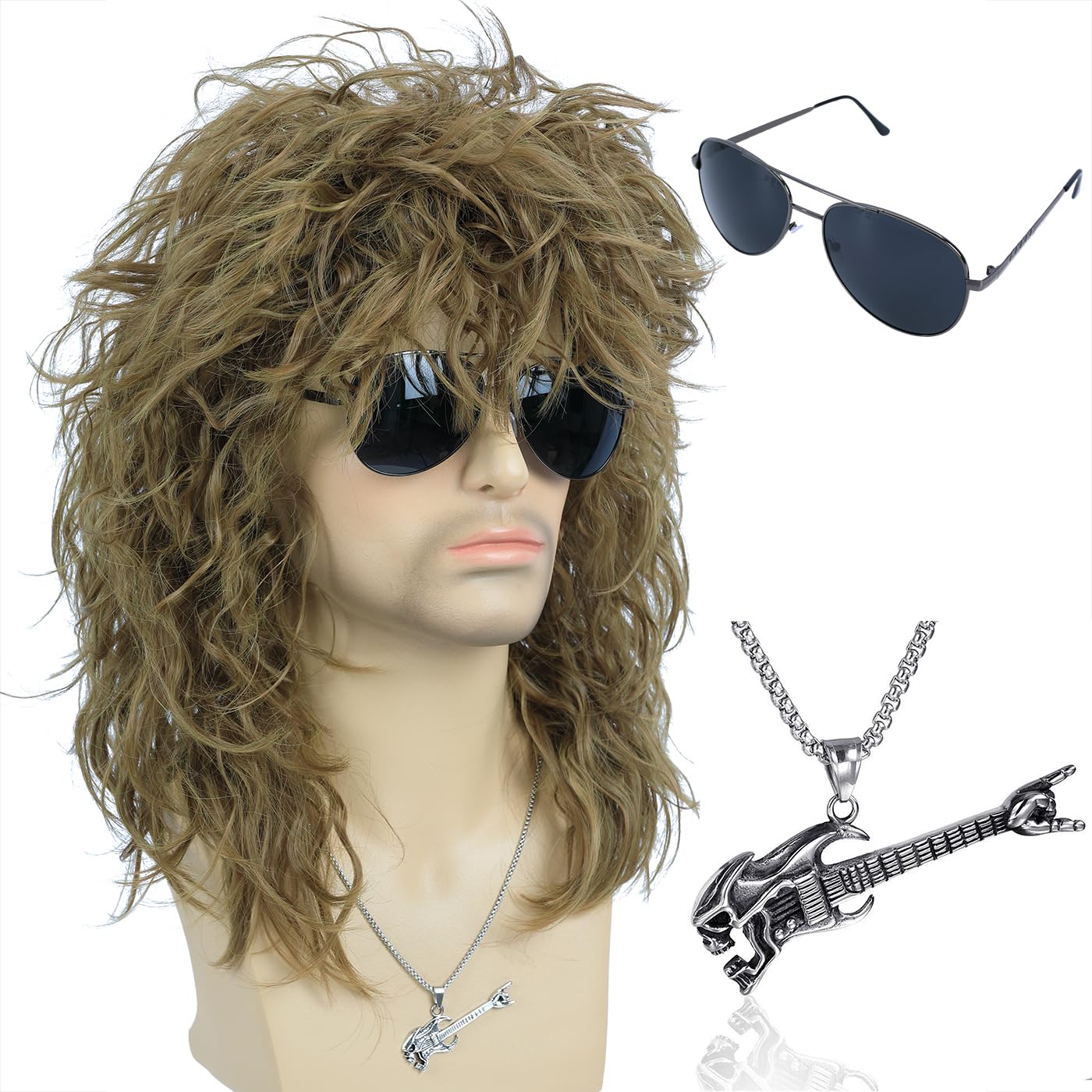 Men’s Women 80s Rocker Mullet Wig with Glasses and Necklace Long Blonde Curly Glam Rock-Rockstar Wig Punk Heavy Metal Hair Wig Perfect for Halloween, Cosplay, DIY Themed Costume Party