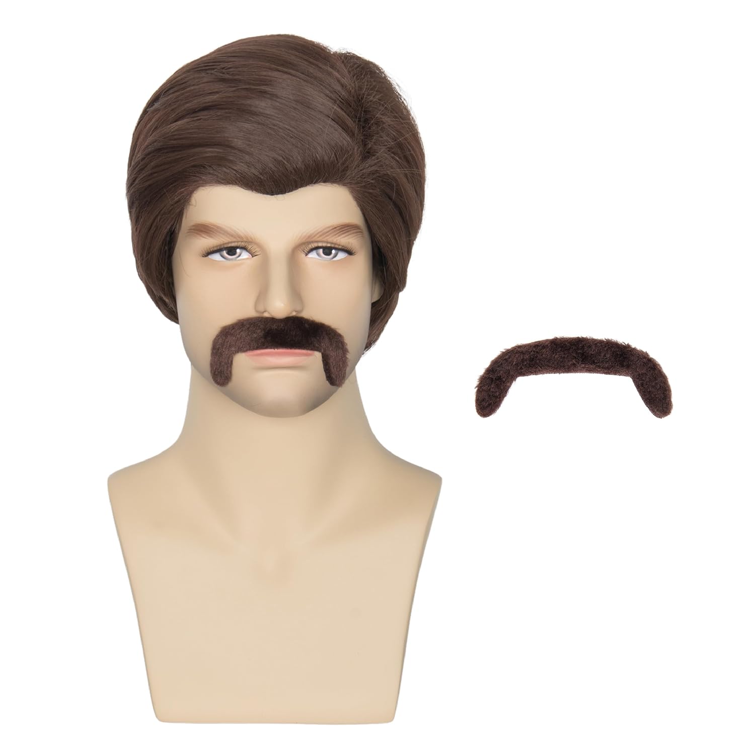 Men Short Brown Wig with Mustache 70s 80s Costume Party Wig