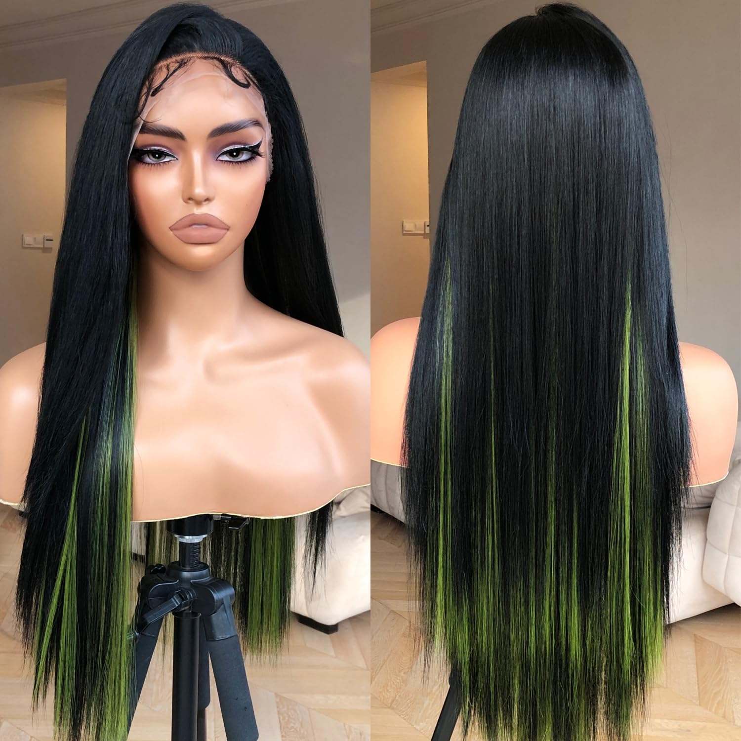 13x4 HD Lace Frontal Wig Black and Green Synthetic Lace Front Wig Pre Plucked Natural Looking Straight Wig 26inch Black with Green Stripes Wig