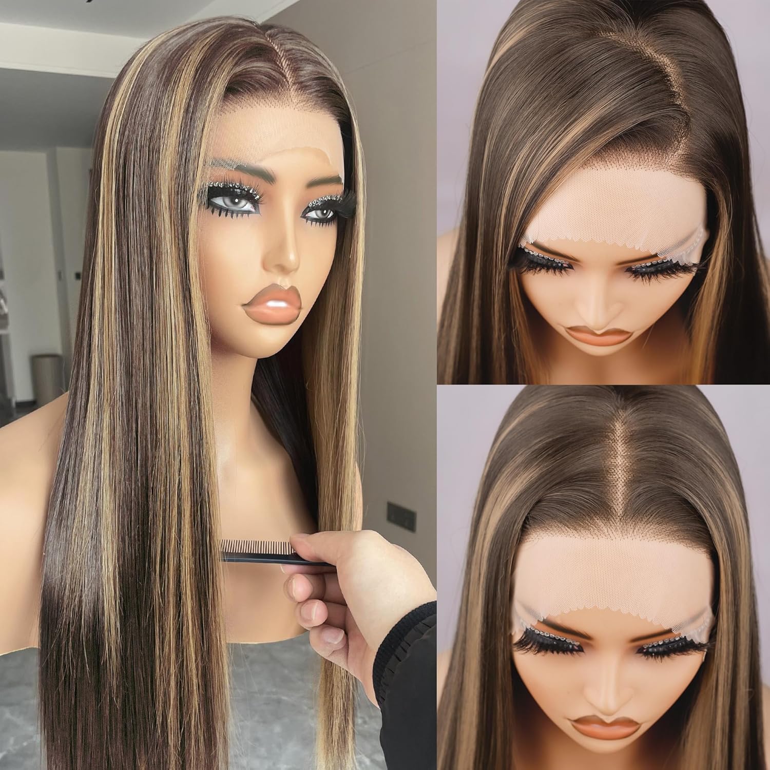 Highlight Lace Front Wig, 13x4 Honey Blonde Synthetic Lace Front Wigs Pre-Plucked Long Straight Glueless Hd Lace Wigs 26Inch 4/30 Brown Blonde Highlights Honey Brown Wig