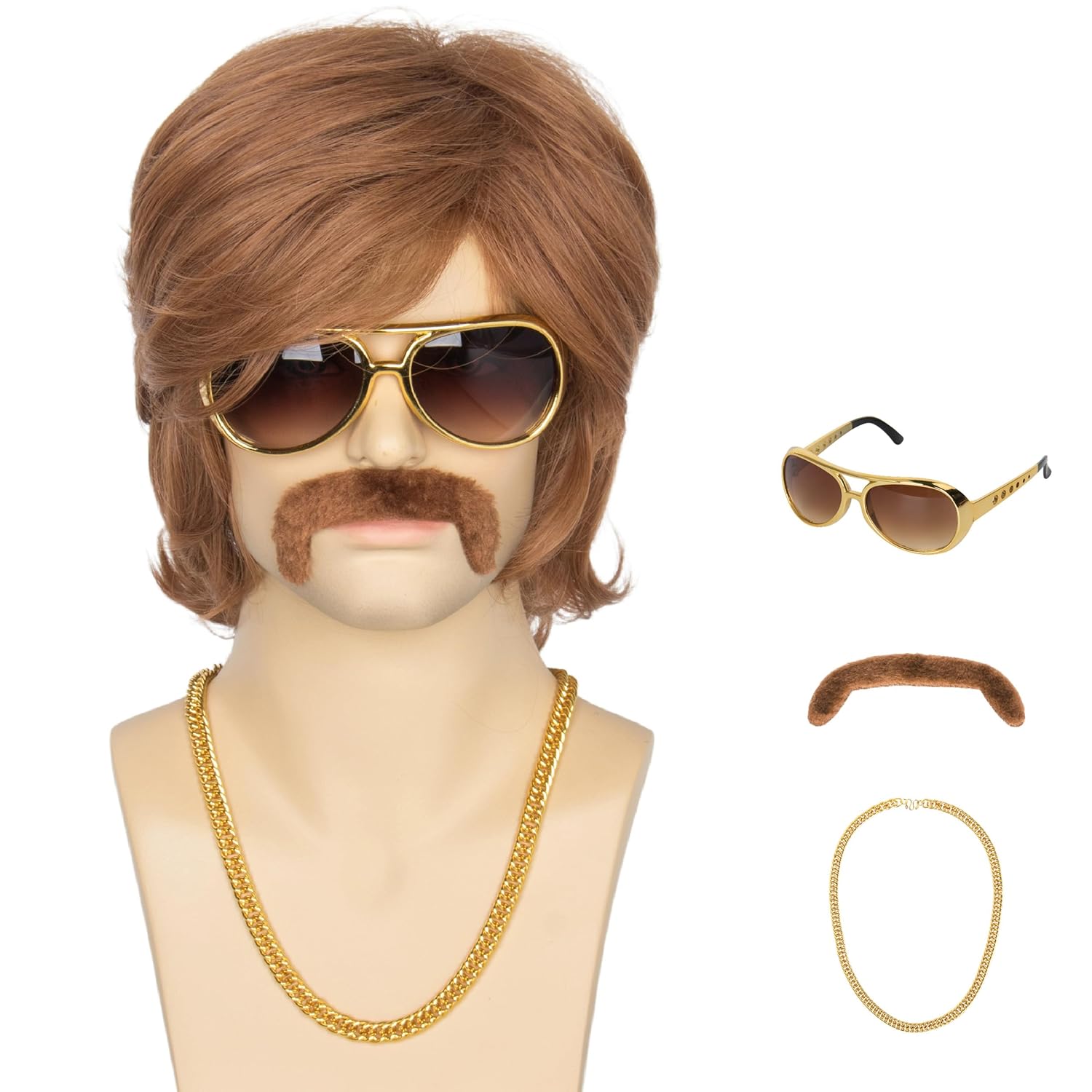 Men's Brown 70s Party Wigs Mullet Wig Halloween Wig with 70s Accessories Necklace Glasses Mustache